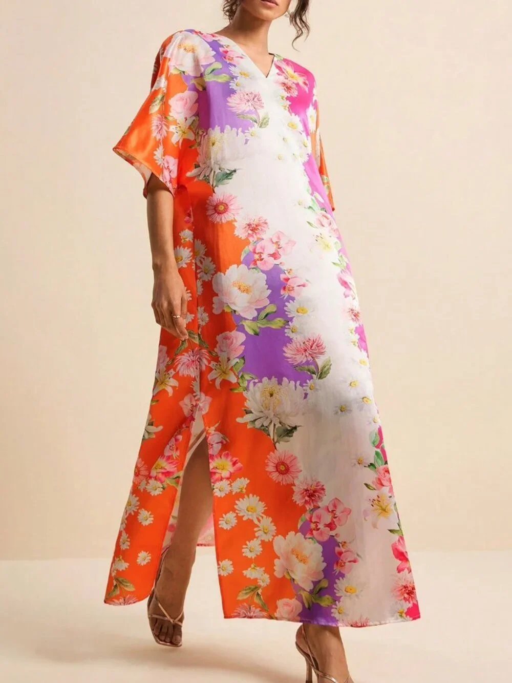 Multicolor Boho Tropical Floral Women's V-Neck Short Sleeve Printed Dress